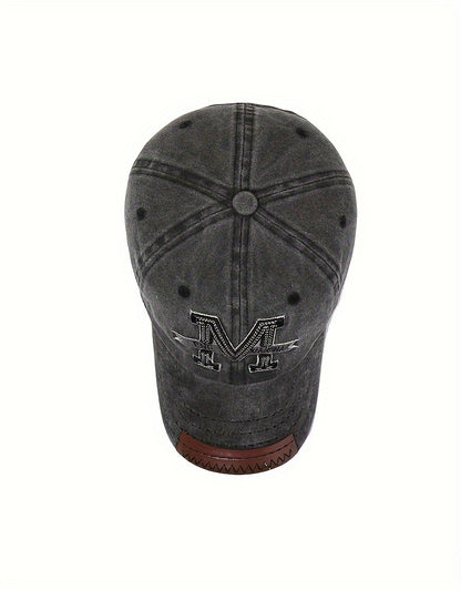 1pc Vintage Washed Cotton Baseball Cap with Embroidered Letter "M" - Adjustable Snapback, Lightweight Sun Hat for Men & Women, Black with Brown Band, Adjustable Baseball Cap
