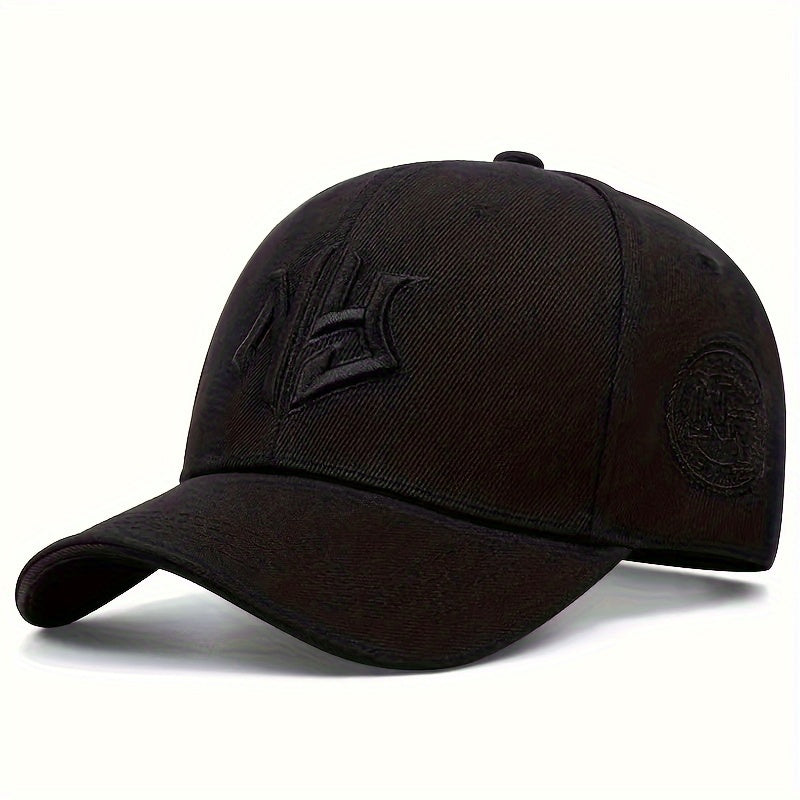 NY Embroidered Baseball Cap - Stylish Black Polyester Hat with Golden "NY" Design, Perfect for Spring & Fall Sports and Casual Wear, Casual Headwear | Embroidered Cap | Polyester Cap