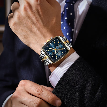 POEDAGAR Men's Stainless Steel Luminous Watch - Blue Dial Chronograph, High Quality Quartz Movement with Date Calendar, Golden-Tone Accents for Business Casual & Casual Attire, Formal Accessory, Stylish Accessory, Refined Cra