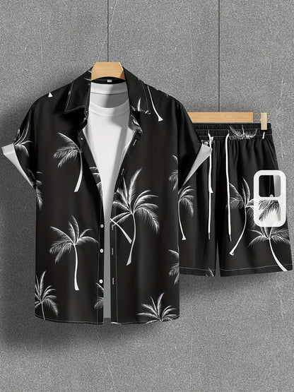 Coconut Tree Print, Men's 2Pcs Outfits, Casual Camp Collar Lapel Button Up Short Sleeve Shirts Hawaiian Shirt And Drawstring Shorts Set For Summer, Men's Clothing