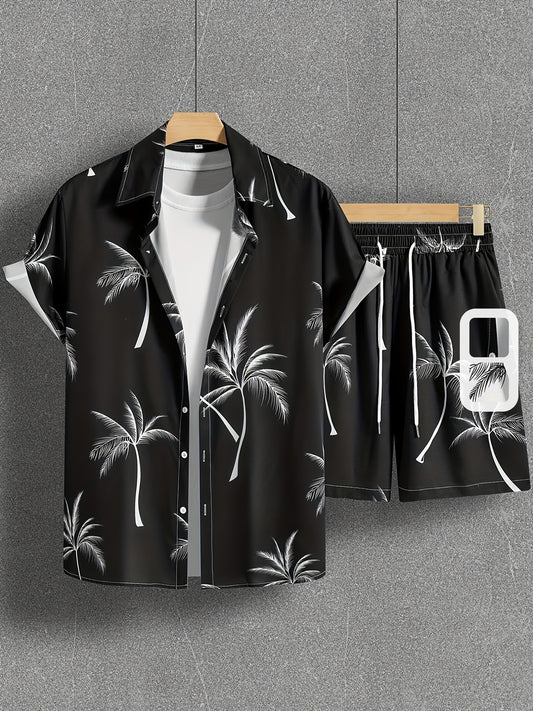Coconut Tree Print, Men's 2Pcs Outfits, Casual Camp Collar Lapel Button Up Short Sleeve Shirts Hawaiian Shirt And Drawstring Shorts Set For Summer, Men's Clothing