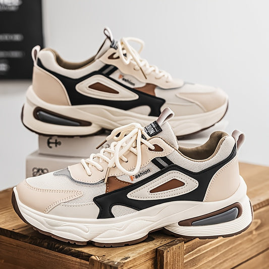 Men's Fashion Sneakers - White/Black/Brown PU Upper, Breathable Fabric Lining & Cushioned EVA Insole, Durable PVC Sole, Lace-Up Mid-Top Design for All-Season Casual & Daily Wear, High Top Sneakers, Versatile Footwear, Modern