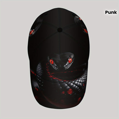 CUTEHSJ Men's Punk Rock Baseball Cap - Lightweight Adjustable Sun Hat with Red Snake Graphic, Black & Red Contrast Design for Beach, Fishing, Outdoor Activities & Vacation, Stylish Headgear