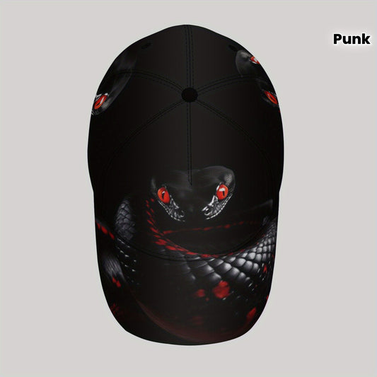 CUTEHSJ Men's Punk Rock Baseball Cap - Lightweight Adjustable Sun Hat with Red Snake Graphic, Black & Red Contrast Design for Beach, Fishing, Outdoor Activities & Vacation, Stylish Headgear