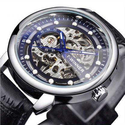 Men'S Luxury Mechanical Skeleton Watch with Golden-Tone Alloy Case & Faux Leather Strap - Mechanical Hand-Wind, World Time, Date Display, Elegant Fashion Accessory for Casual Attire, Mechanical Watch, Sophisticated Design, In