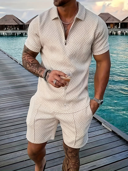 Men'S Tropical Print Casual Suit - Black Short Sleeve Zipper Shirt with White Pockets Shorts, Polyester, Machine Washable, Summer Beachwear, Summer Wear | Relaxed Fit Shirt | Woven Texture
