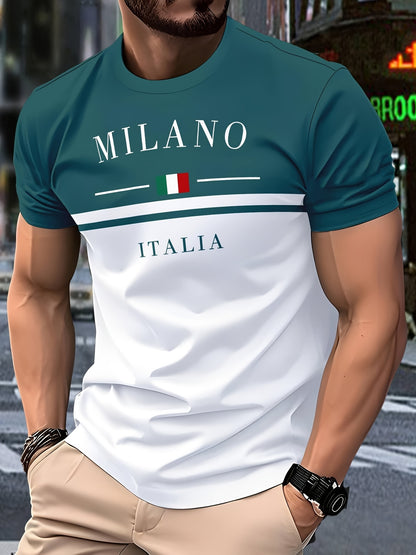 Men's casual short-sleeve round-neck striped polyester knit T-shirt, breathable, 110g/m², slightly stretchy, regular fit, smooth texture, suitable for summer weekend wear