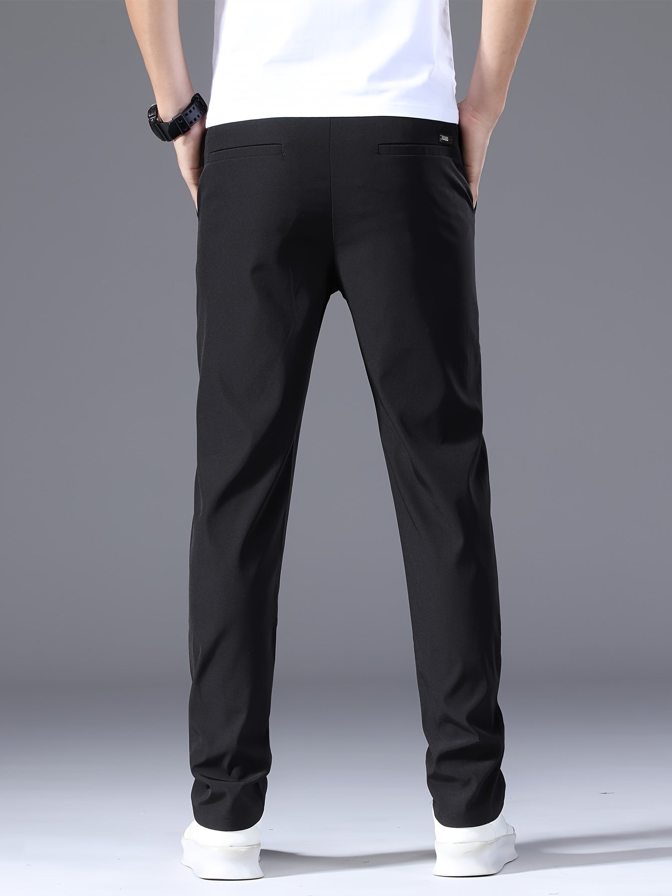 Men's Summer Casual Pants - Lightweight Stretch Nylon, Elastic Drawstring Waist, Straight Fit, Solid Black Trousers for Casual Attire, Adjustable Comfort Pants|Relaxed Look|Glossy Finish