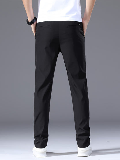 Men's Summer Casual Pants - Lightweight Stretch Nylon, Elastic Drawstring Waist, Straight Fit, Solid Black Trousers for Casual Attire, Adjustable Comfort Pants|Relaxed Look|Glossy Finish