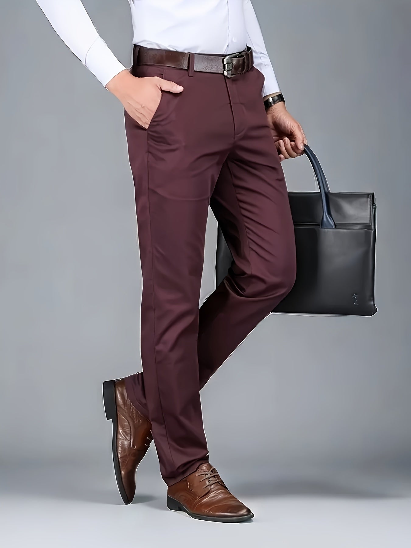 [Durable Build] Men's All-Season Casual Dress Pants - Business Style Stretch Trousers, Comfortable Classic Design, Light Brown Polyester Blend, Machine Washable, Smooth Finish, Regular Fit for Office or Leisure Wear