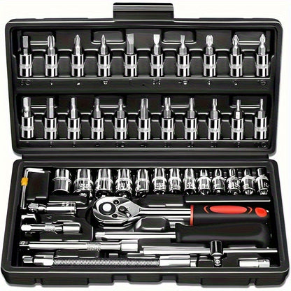 Mechanical Tool Set, Multifunctional Car Repair Toolbox, Suitable for Cars, Bicycles, Motorcycles and 1/2" 3/8" SAE & Metric Sizes Universal Wrench Kit Including Tooth Ratchet Wrenches, Household, Garage, Bicycle Trunk Specia