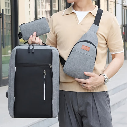 Three-Piece Set: Laptop Bag, Chest Bag, Wallet - Multi-Layer Oxford Fabric Adjustable Shoulder Backpack with Reflective Strip Design, Breathable Wide Strap Large Capacity Casual Storage Bag for Men, Suitable for Daily Commute