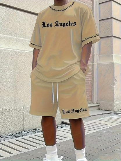 Men'S Los Angeles Graphic Print Casual Sportswear Set - Breathable Summer Short Sleeve T-Shirt & Drawstring Shorts with Pockets, Regular Fit, Crew Neck, Comfortable & Stylish for Casual Attire, Leisure Clothing | Trendy Sport