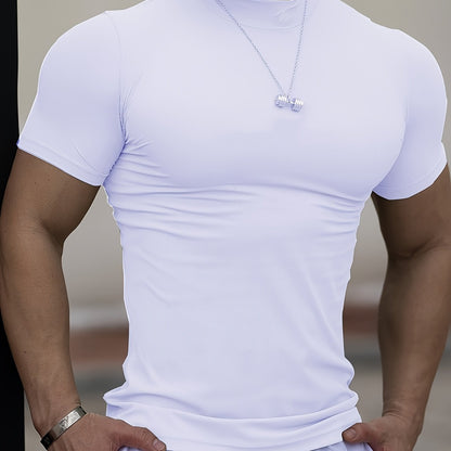 Men'S White Short Sleeve T-Shirt - Stretchy, Moisture-Wicking, Round Neck, Casual Fitness Wear for Summer, Sporty Style, Sportswear Tee | Sporty Neckline | Stretchy Fabric