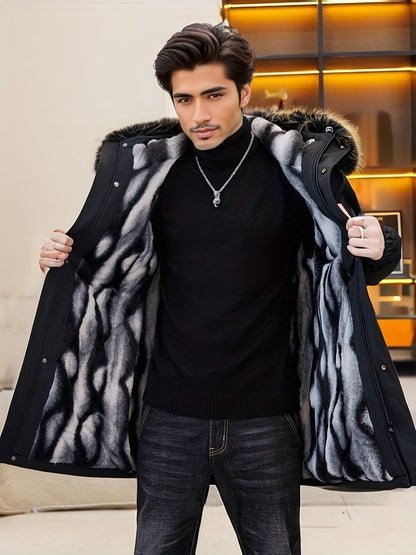 Men's Heavy-Duty Hooded Winter Jacket with Mountain Logo Back Print, Full-Zip Long Coat & Pockets - Large Hood for Extreme Cold, Machine Washable -Filled Outerwear (Casual/Climbing/Skiing) - Black, Winter Boots For Men, Men W