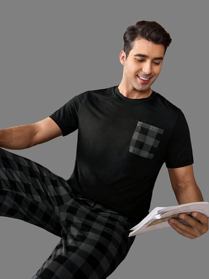 Print Round Neck Short Sleeve Top and Plaid Pants Pajamas for Men or Women Single Set