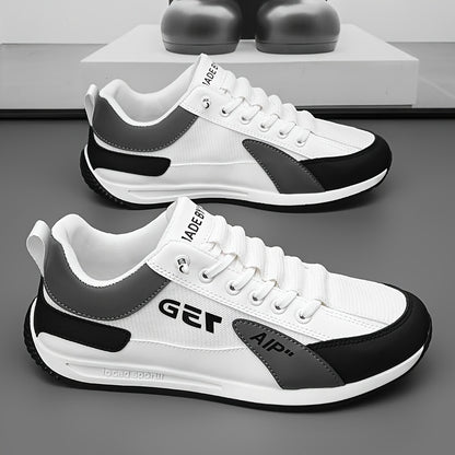 1 Pair Men's Breathable Low-Top Casual Sneakers - White & Black PU Upper with Rubber Sole, Lightweight Walking Shoes for Spring Summer Fall, Lace-Up Design & Fabric Lining, Spring Summer Footwear, Comfortable Fabric Lining