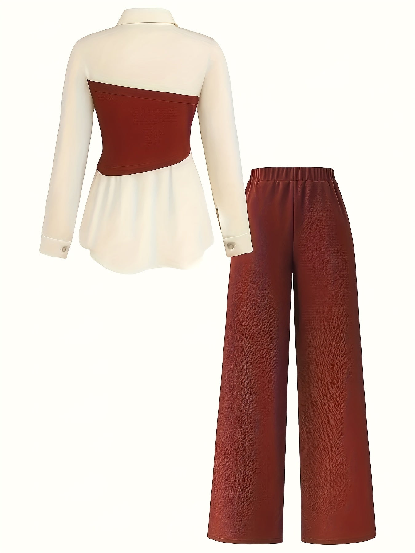 Elegant daily commuting two-piece set for ladies, featuring a color-blocked and pieced-together shirt and wide-leg trousers, suitable for all four seasons and machine washable.