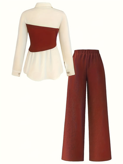 Elegant daily commuting two-piece set for ladies, featuring a color-blocked and pieced-together shirt and wide-leg trousers, suitable for all four seasons and machine washable.