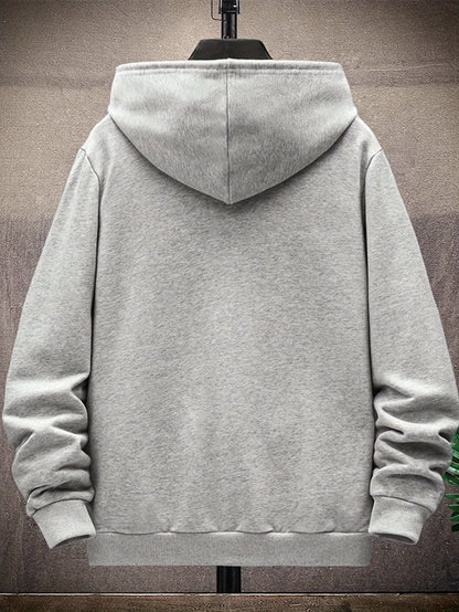 Men's Athletic Fleece Hoodie & Jogger Set - Sporty Gray with Black Accents, Zip-Up Jacket and Drawstring Pants, Polyester, Machine Washable for Fall/Winter