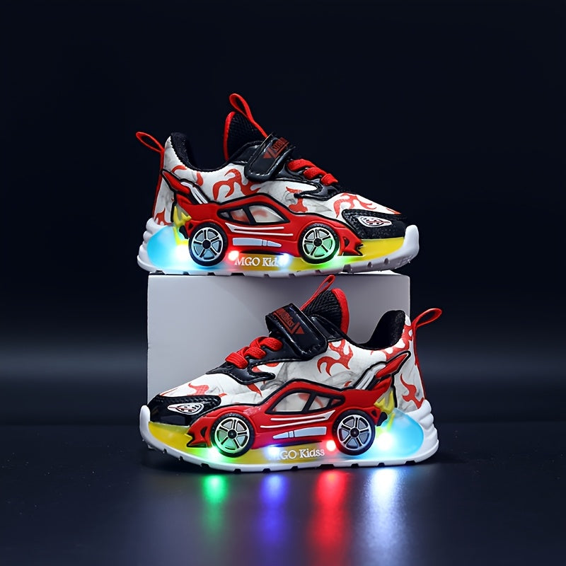 2024 Fall New Youngsters' Boys' Sports Shoes with Cartoon Flashing Lights - Youngsters' Light-Up Running Shoes, Thin, LED, for Ages 1-3-6, PVC Sole, EVA Insole, Hook & Loop Closure, Perfect for Casual Wear