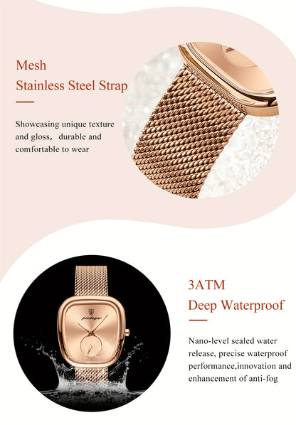 POEDAGAR Elegant Women's Quartz Watch - Waterproof, Stainless Steel Mesh Band, Rose Golden Square Dial, Black Strap, Perfect for Parties & Casual Attire, Stylish Timepiece | Elegant Design | Mesh Strap Watch, Watch Accessorie