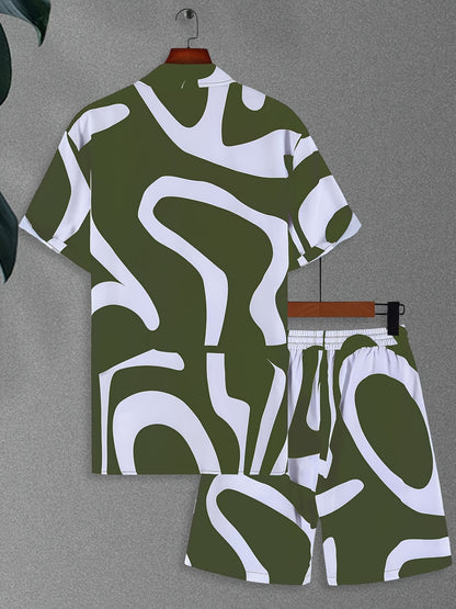 CONJUESS Men'S Summer Casual Short Sleeve Shirt and Shorts Set, Polyester 100%, Lapel Collar, Non-Stretch Woven Fabric, Irregular Striped Print, Regular Fit, 120g/m² - Green and White