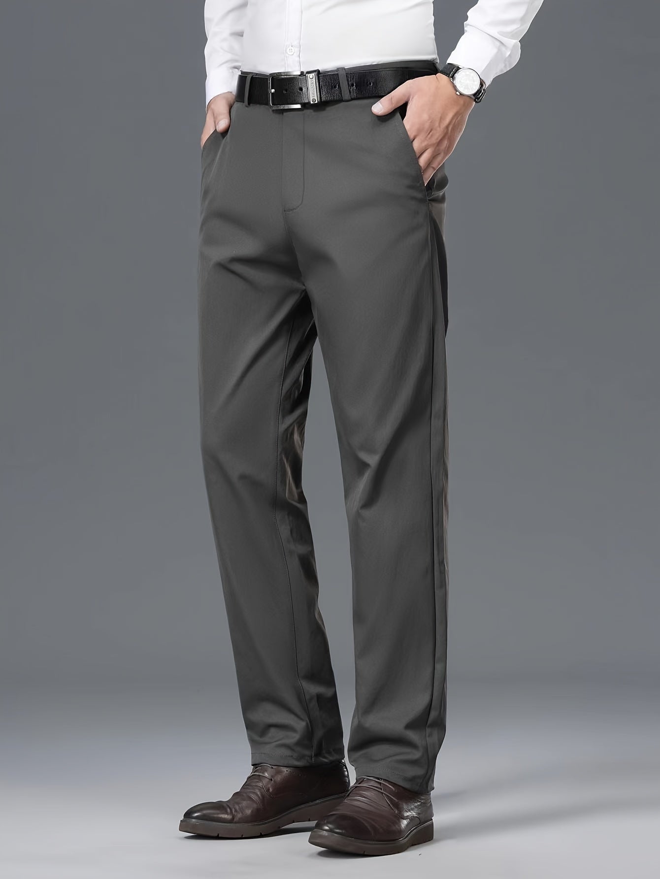1pc Men'S Spring/Fall Light Business Casual Straight Leg Pants, 100% Polyester, Solid Color, Slight Stretch, Mid Waist, Regular Fit, Zipper Fly, Woven, No Lining - Versatile for Work and Casual Occasions