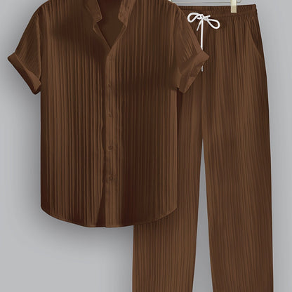 2pcs Men's Summer Casual Striped Polyester Outfit Set, Short Sleeve Stand Collar Shirt and Drawstring Pants, Non-Stretch Woven Fabric, Regular Fit for Daily Wear and Beach Vacation, Plain Color, Beach Vacation