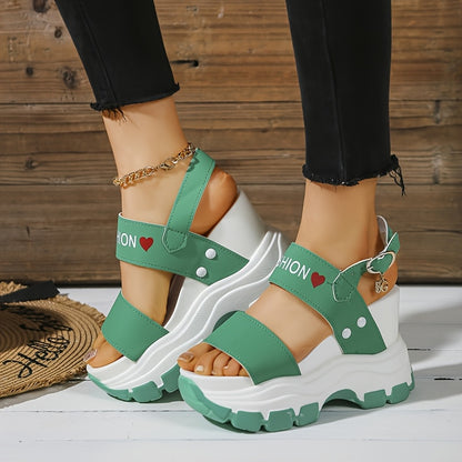 Women's Platform Wedge Sandals with Thick Sole & Ankle Strap Metal Buckle - Open Toe Summer Casual Shoes, White & Black Faux Cover, Cushioned Insole for All-Day Comfort