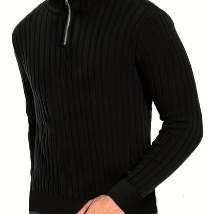 Men'S Casual Polyester Sweater, Solid Color, High Neck Quarter Zip, Long-Sleeved Pullover, Regular Fit, 100% Polyester Knit Fabric, 230g/m² - Fall/Winter Essential