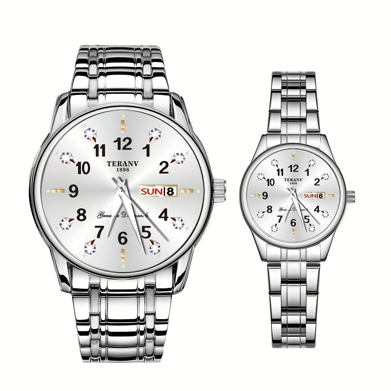 Two Stylish Digital Round Dial Couple'S Quartz Watches - IPX7 Waterproof, Luminous, Dual Calendar, Date and Day/Week Display, Alloy Strap Business Watches, Suitable for Women and Men, Valentine'S Day Gift Wristwatches