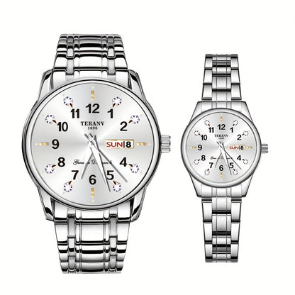 Two Stylish Digital Round Dial Couple'S Quartz Watches - IPX7 Waterproof, Luminous, Dual Calendar, Date and Day/Week Display, Alloy Strap Business Watches, Suitable for Women and Men, Valentine'S Day Gift Wristwatches