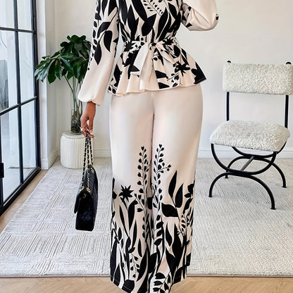 Spring And Autumn Fashionable Women'S Floral Long-Sleeve Top And Pants Set