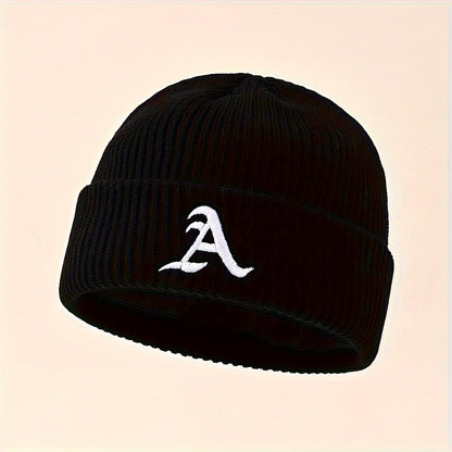 1pc Unisex Classic Brimless Hat With Adjustable Rolled Cuff, Simple Letter Pattern Knitted Hat, Suitable For Winter Daily Wear