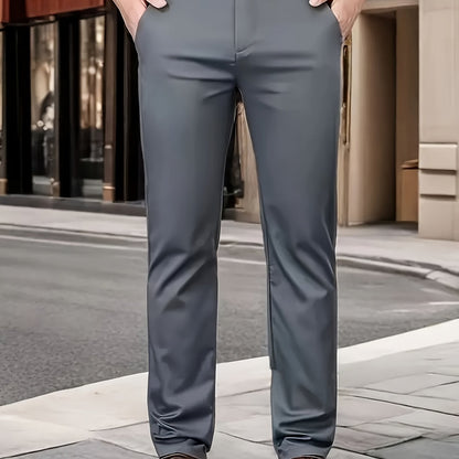 Men's Classic Business Dress Pants, Solid Color Casual Trousers, 100% Polyester, Regular Fit, with Zipper Fly, for Daily Wear and Gifting, All-Season, Allseason Trousers | Notch Lapel Design | Polyester Trousers