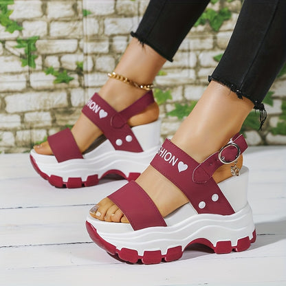 Women's Platform Wedge Sandals with Thick Sole & Ankle Strap Metal Buckle - Open Toe Summer Casual Shoes, White & Black Faux Cover, Cushioned Insole for All-Day Comfort