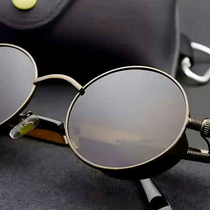 Retro Round Metal Frame Fashion Glasses with Spring Leg Design - Stylish Unisex Fashion Accessory for Men & Women, Brown Tinted Lenses, Perfect for Casual Outfits, Retro Glasses