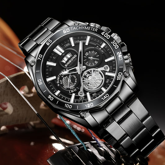 BINBOND Men's Luxury Quartz Watch - Sleek Black, Waterproof with Calendar & Luminous Hands, Stainless Steel Band, Date Display, Chronograph & World Time Features for Business Casual