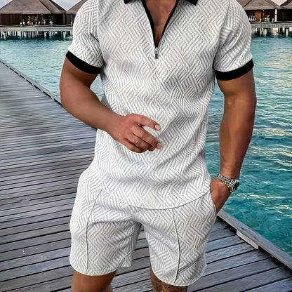 Men'S Tropical Print Casual Suit - Black Short Sleeve Zipper Shirt with White Pockets Shorts, Polyester, Machine Washable, Summer Beachwear, Summer Wear | Relaxed Fit Shirt | Woven Texture