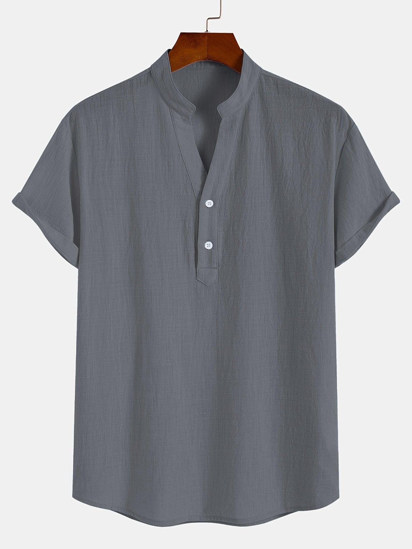 Men'S Classic Solid Color Pure Cotton And Bamboo Textured Breathable Fabric V-Neck Half-Button Design Suitable for Daily Casual Wear, Simple And Versatile, Stylish for Vacations, Hawaiian Style Light Blue Short-Sleeve Shirt.
