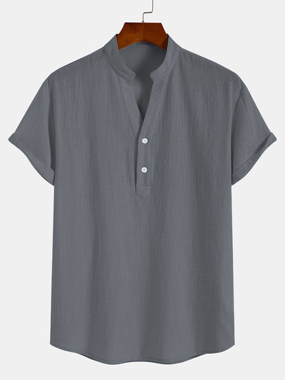 Men'S Classic Solid Color Pure Cotton And Bamboo Textured Breathable Fabric V-Neck Half-Button Design Suitable for Daily Casual Wear, Simple And Versatile, Stylish for Vacations, Hawaiian Style Light Blue Short-Sleeve Shirt.