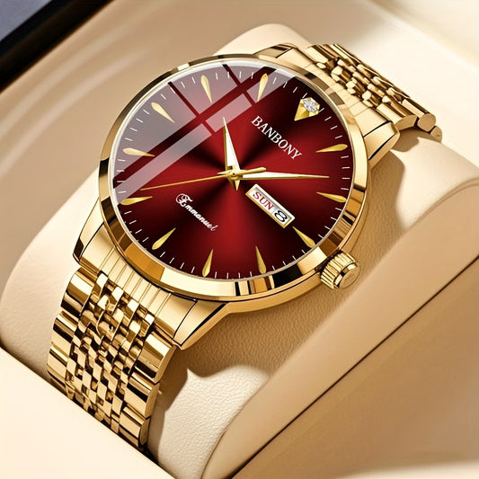 Banbony Unisex Stainless Steel Quartz Watch with Rhinestone Accents, Water-Resistant IPX7, Sleek HD Dial, Date Display, Golden-Tone Finish - Ideal for Casual Wear, Parties, and Gifts