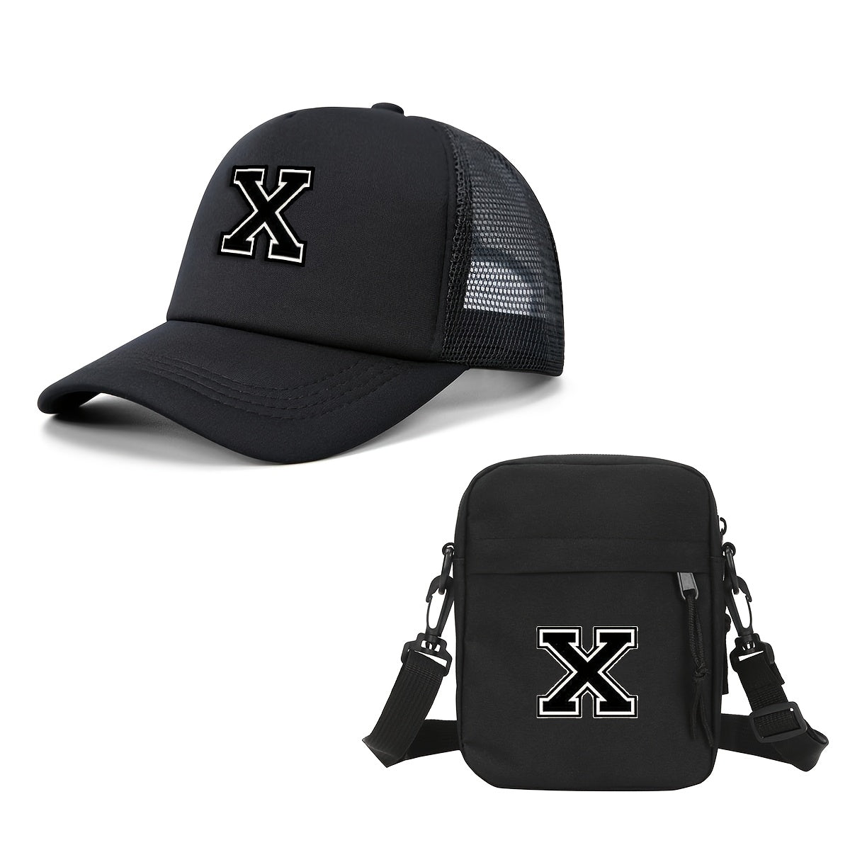 2pcs Men'S And Women'S 26-Letter Printed Trucker Hat & Bag Set, Mesh Breathable Versatile Casual Sun Hat, Suitable for Holiday Vacation, Mountain Climbing, Camping, Outdoor Street And Other Scenes, Suitable As a Birthday, Hol