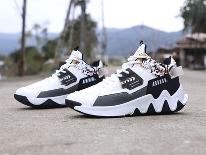 Men's High-Top Basketball Sneakers, Preppy Street Style, Solid Color with Cartoon & Stripes, All-Season Lace-Up Sports Shoes, Faux Upper, Fabric Inner, Rubber Sole, for Running, Hiking & Casual Wear, Outdoor Activities Shoes