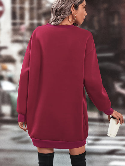 Elegant Women'S Fleece-Lined Sweatshirt Dress - Polyester Knit Fabric, Solid Color, Crew Neck, All-Season Loose Long Sleeve Casual Wear