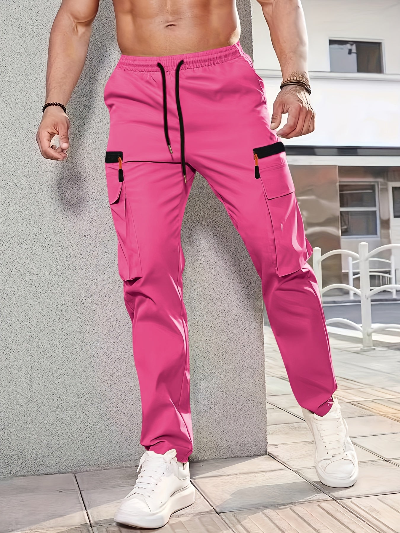 1pc Men'S Fashion Casual Cargo Pants, Solid Color Polyester Non-Stretch Fabric, All-Season Regular Fit with Multiple Pockets, Woven Straight-Leg Trousers for Sports and Leisure