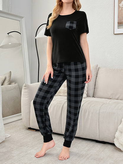 Print Round Neck Short Sleeve Top and Plaid Pants Pajamas for Men or Women Single Set