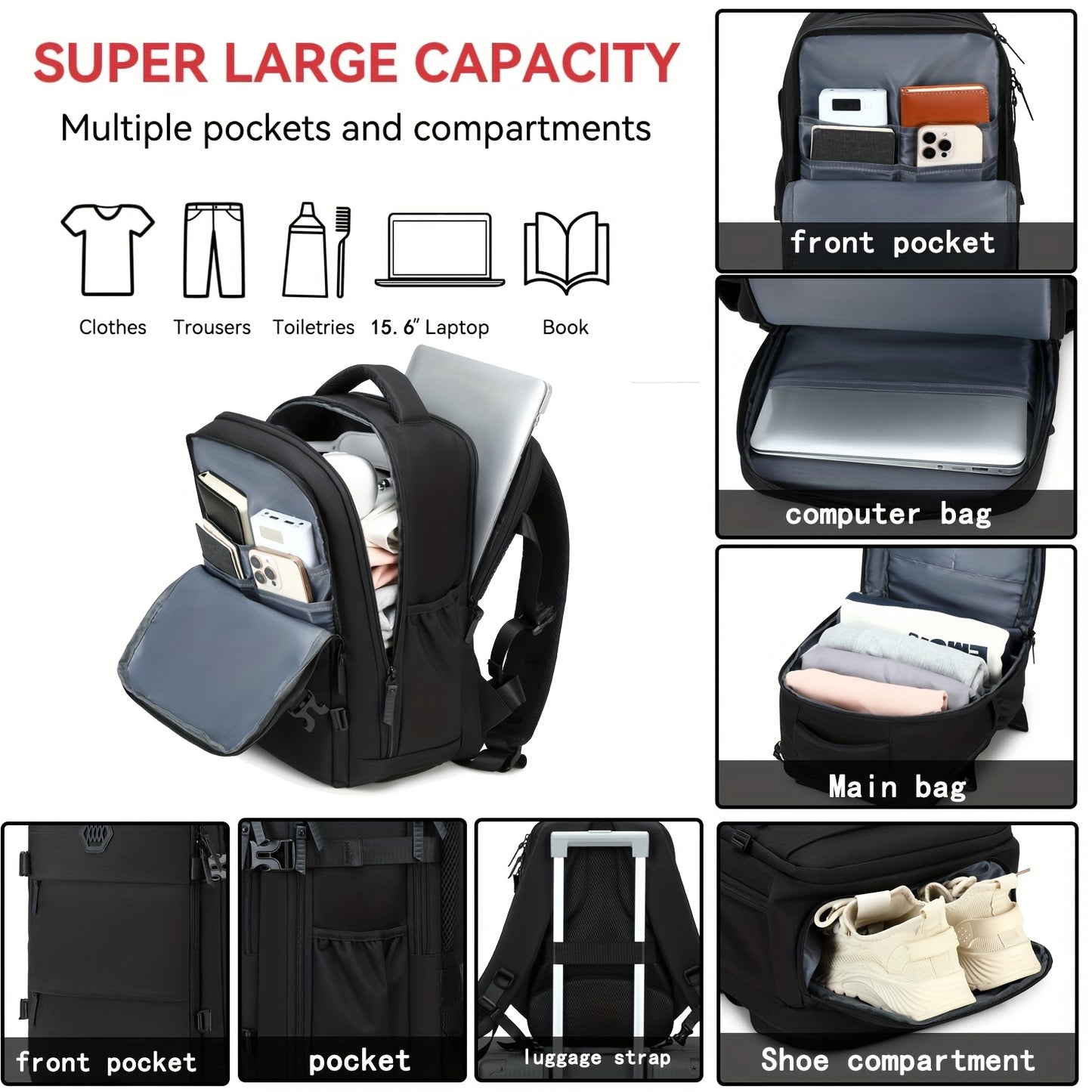 Travel Backpack for Men, Airline-Approved Carry-On Luggage, 15.6-Inch Laptop Business Bag, Weekend Leisure Hiking and Casual Daypack