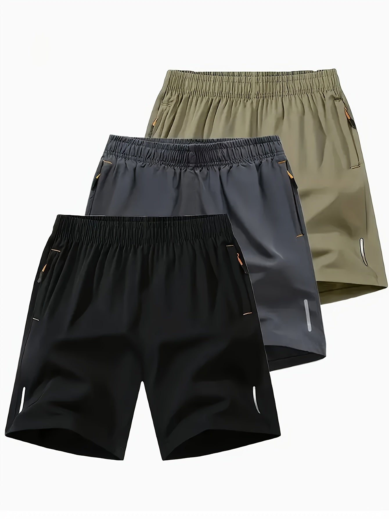 3-Pack Men'S Fashion Sports Casual Shorts, 97% Polyester 3% Elastane, Solid Color, Zipper Detail, Woven Fabric, Slight Stretch, Loose Fit, 117g/m² Weight